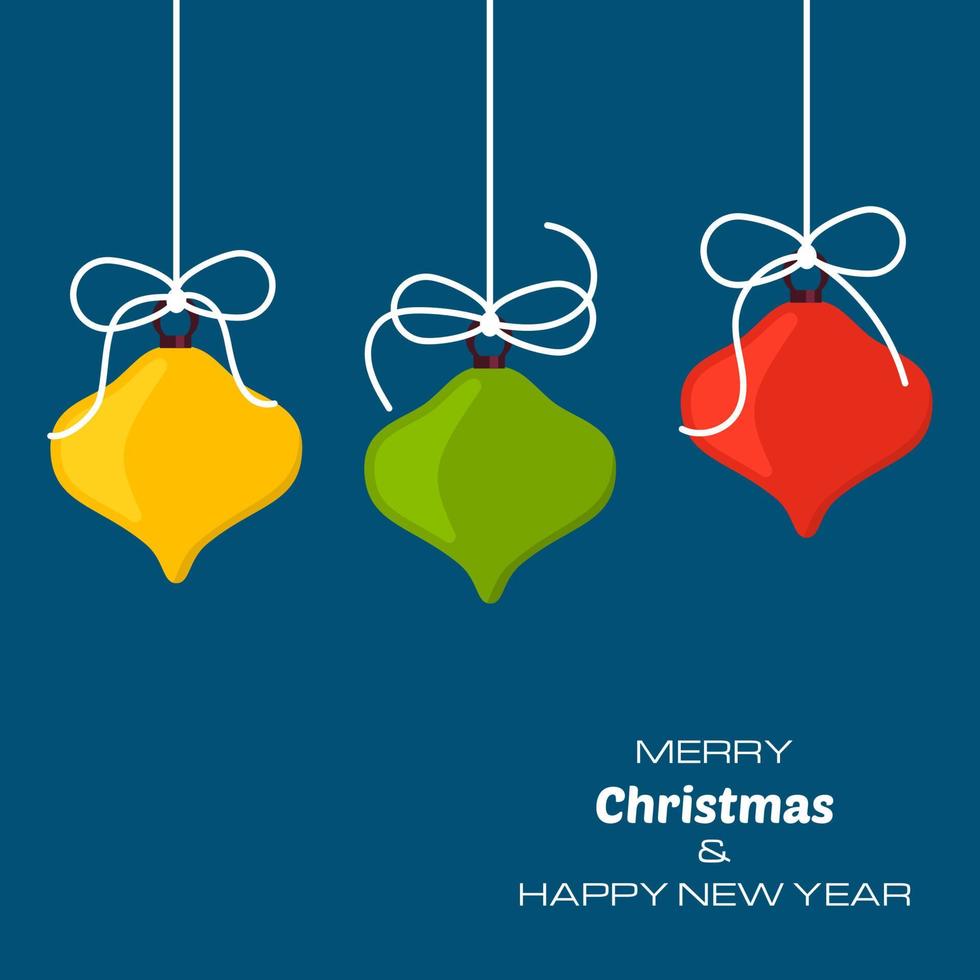 Merry Christmas and Happy New Year blue background with three christmas balls. Vector background for your greeting cards, invitations, festive posters.
