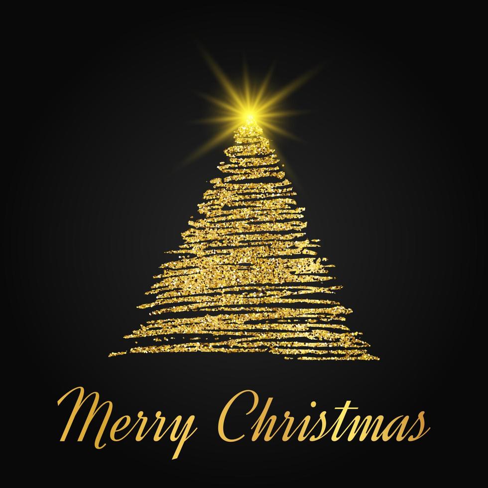 Gold glitter Christmas tree in sketch style on dark background. Happy new year card design. Vector illustration.