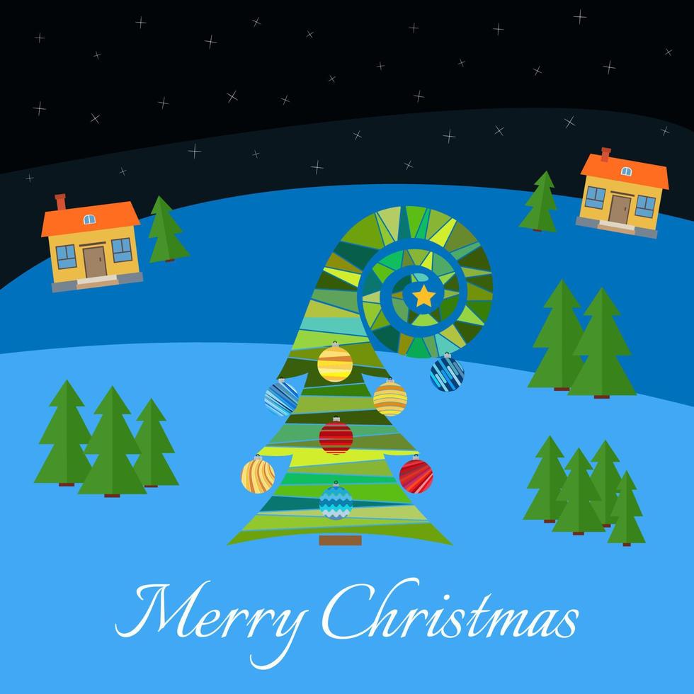 Christmas tree with multi-colored toys. Christmas tree in the village at night. Starry night sky in the village in winter. vector