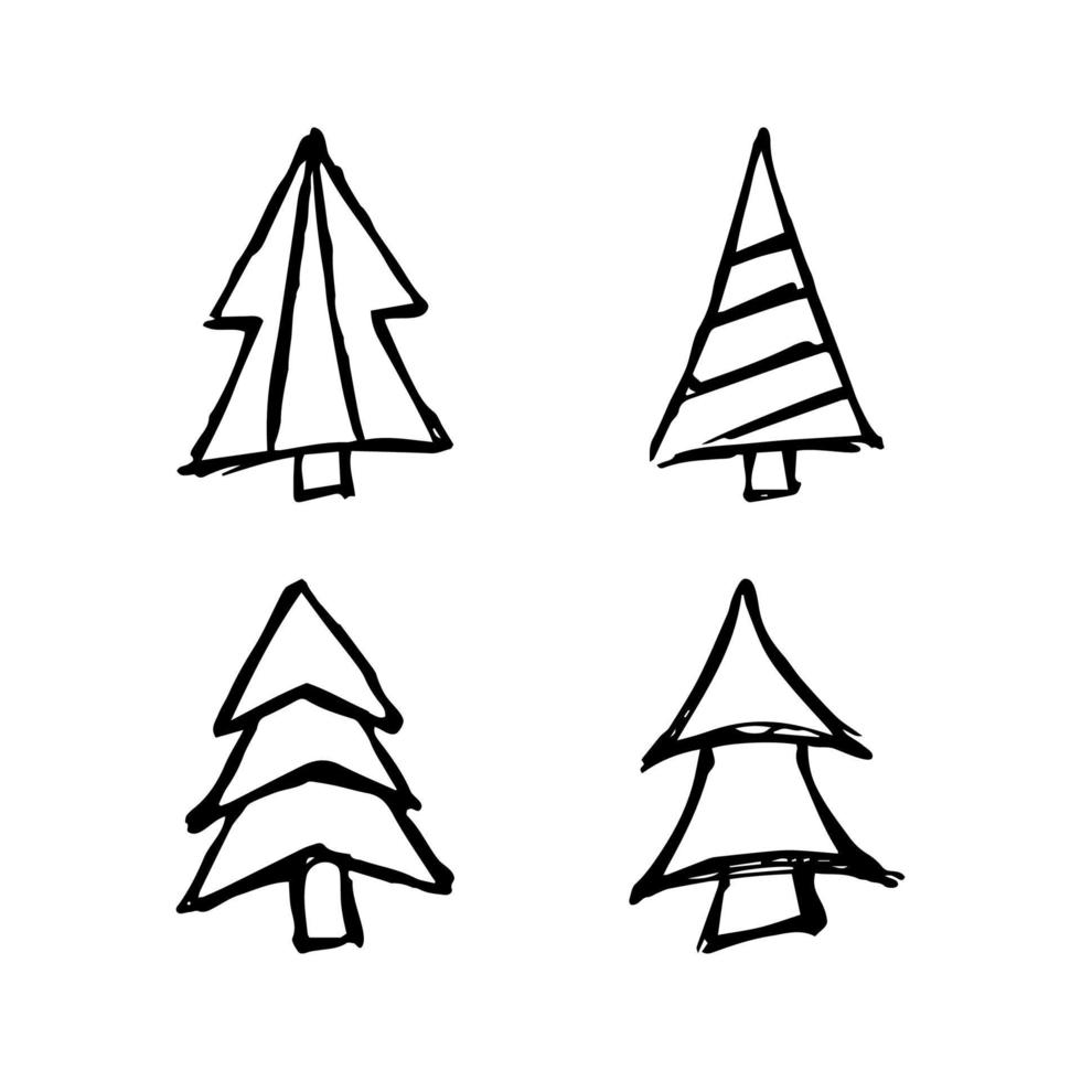 Hand drawn Christmas trees. Set of four monochrome sketched illustrations of firs. Winter holiday doodle elements. Vector illustration