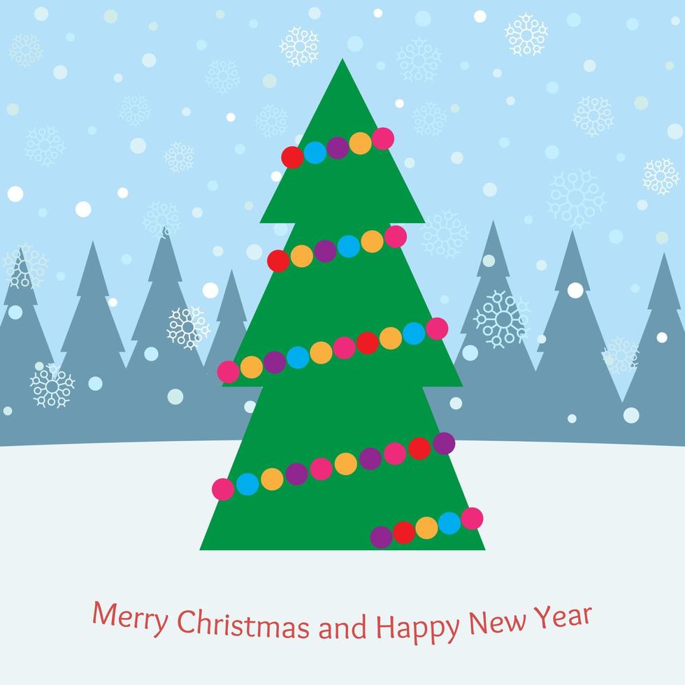 árbol de navidad con juguetes brillantes en el bosque en tiempo de nieve. ilustración vectorial vector