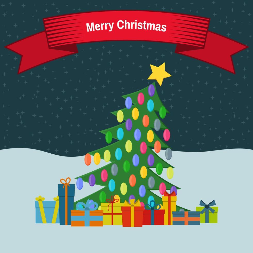 Christmas tree with colorful toys with gift boxes on snow and red ribbon with the inscriptions Happy Christmas. Vector illustration.