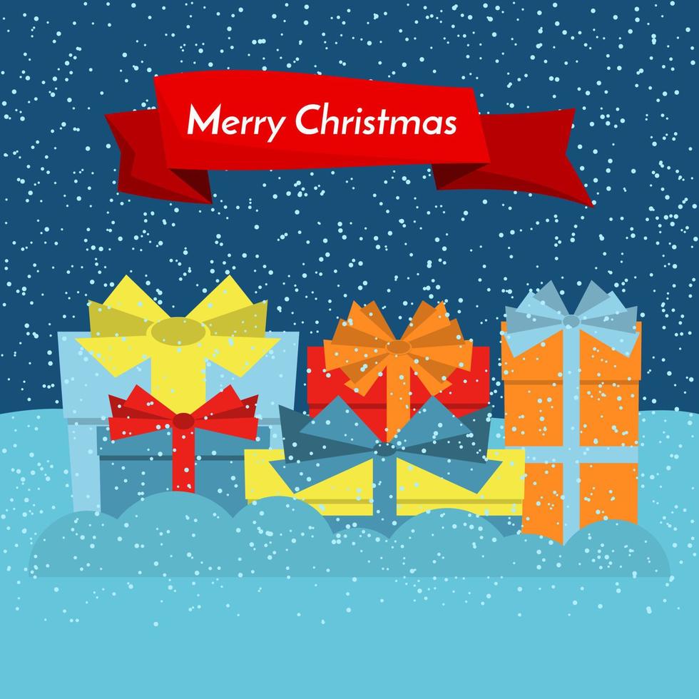 Gift boxes on snow and falling snow and a red ribbon with the inscription Happy Christmas. Vector illustration.