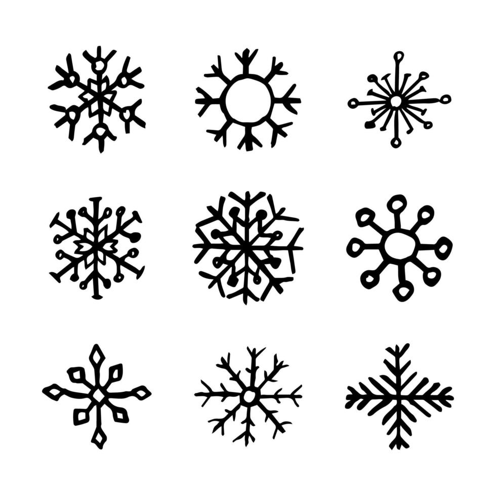 Hand drawn snowflakes on white background. Set of nine dark snowflakes. Christmas and New Year decoration elements. Vector illustration.