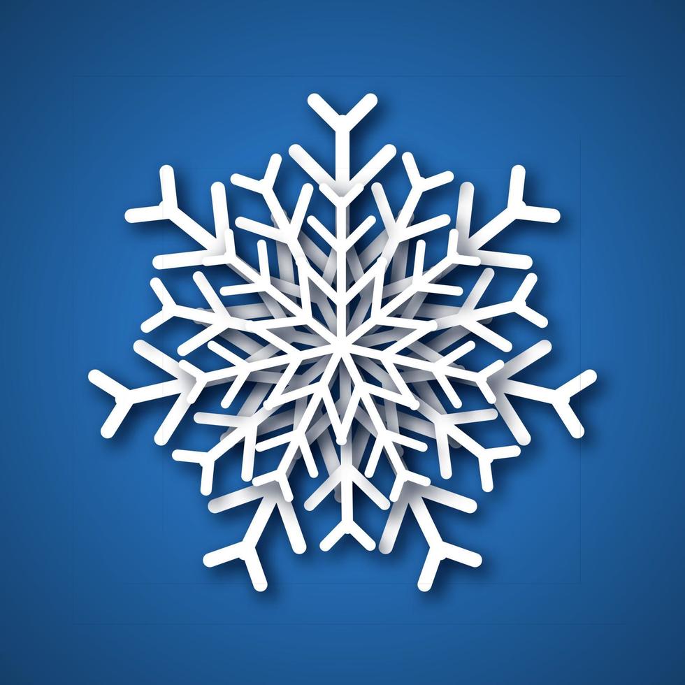 Paper cut snowflake. White snowflake on blue background. Christmas and New Year decoration elements. Vector illustration