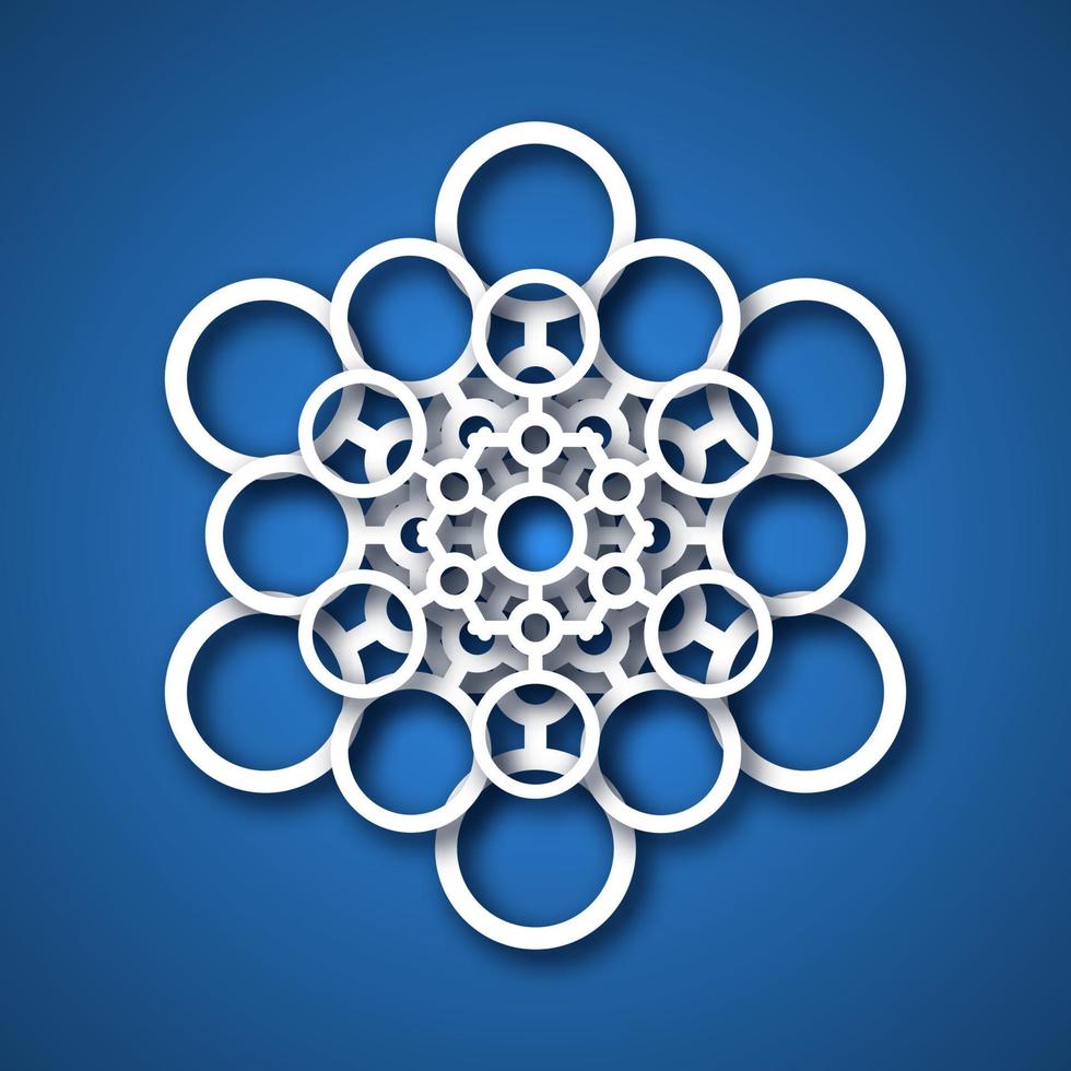 Paper cut snowflake. White snowflake on blue background. Christmas and New Year decoration elements. Vector illustration