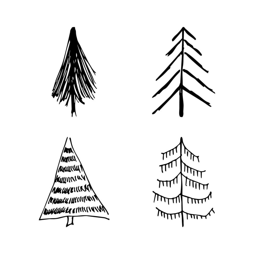 árboles de navidad dibujados a mano. conjunto de cuatro ilustraciones monocromáticas esbozadas de abetos. elementos de doodle de vacaciones de invierno. ilustración vectorial vector