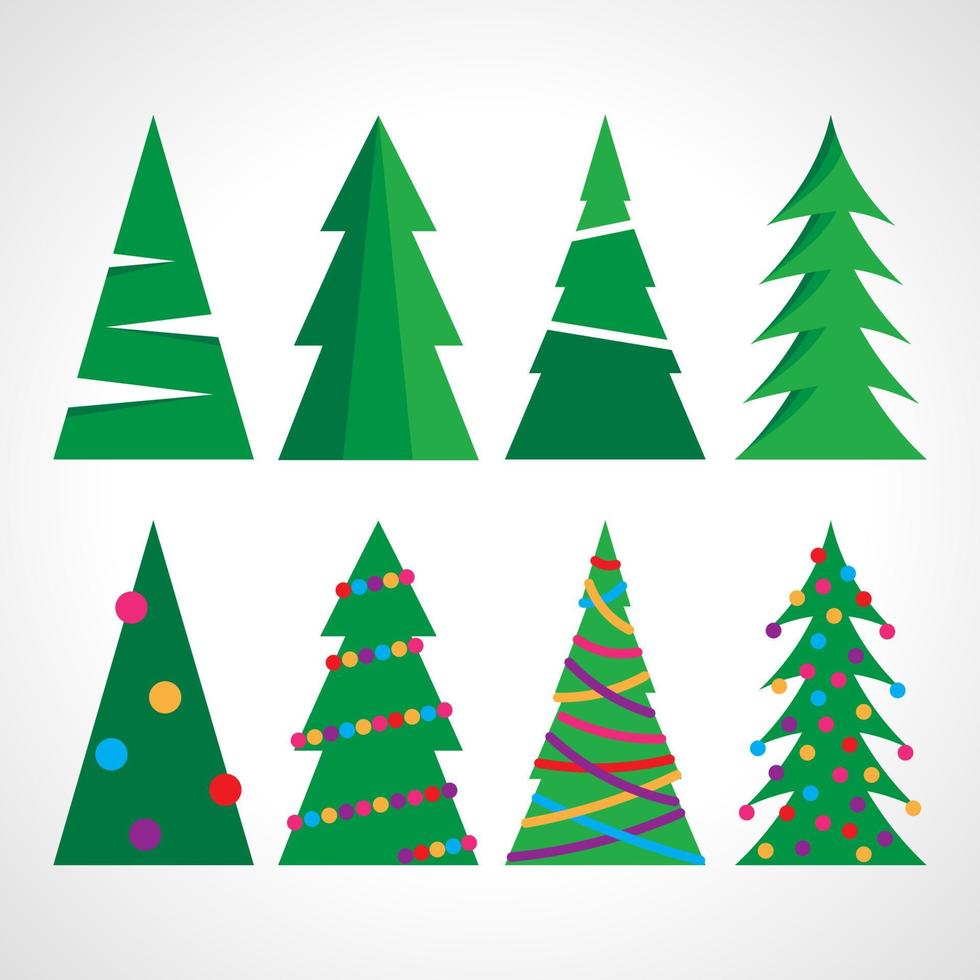 conjunto de ocho árboles de navidad con bolas y adornos navideños. ilustración vectorial vector