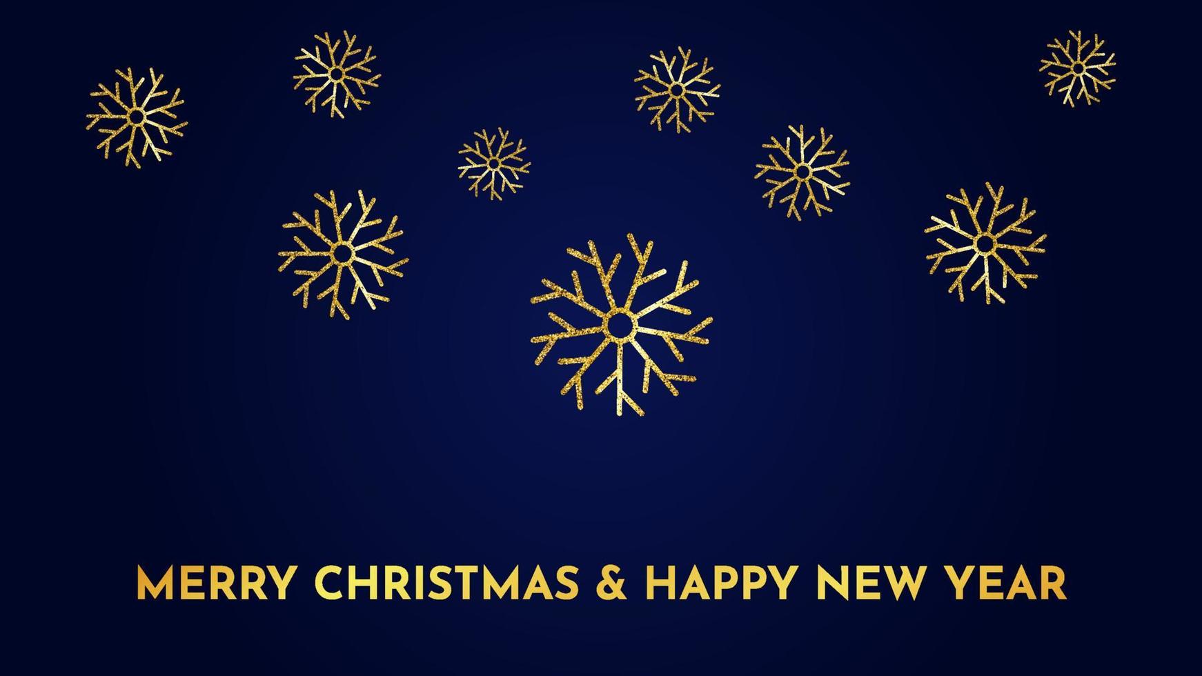 Christmas dark blue background with gold glitter snowflakes. New year snowflake holiday decoration. Vector illustration