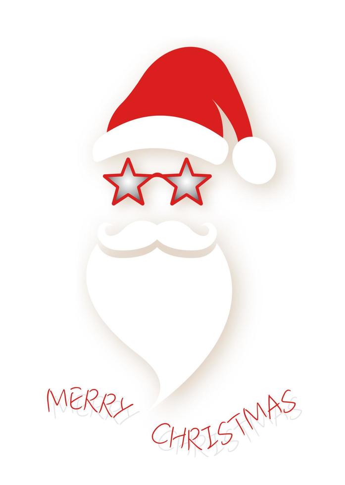 Santa Claus fashion hipster style icon. Santa hat, moustache and beard. Christmas red star-shaped glasses, festive xmas party decoration in paper cut style, vector isolated on white background