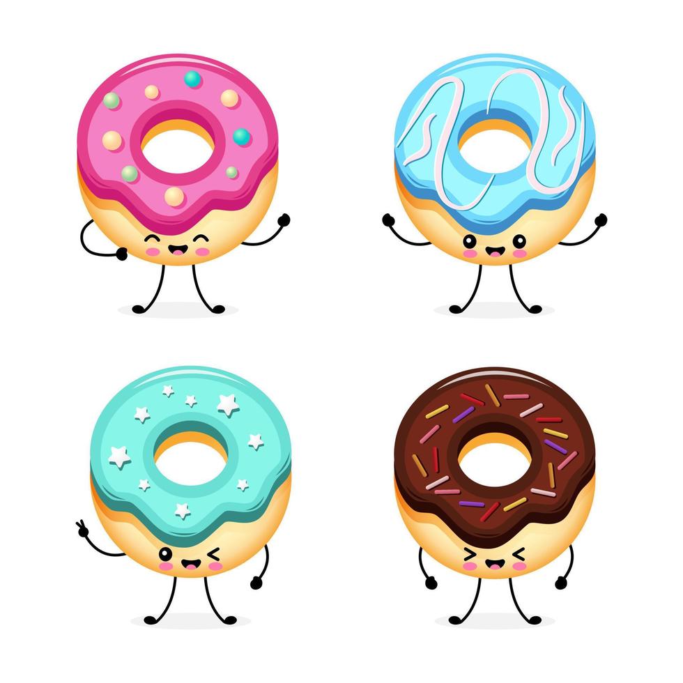 Set of sweet donuts kawaii. Happy cute smiling donuts. Flat vector illustration with cute and funny food characters in style kawaii.