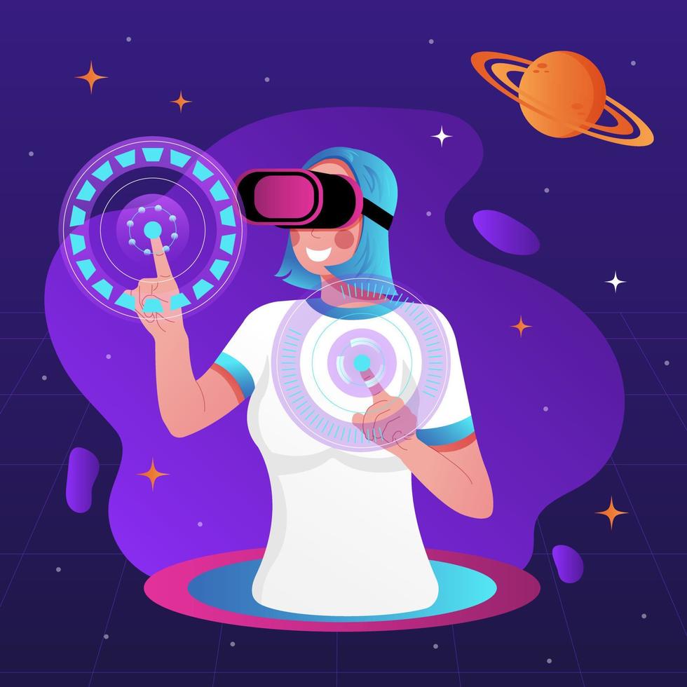 Metaverse digital virtual reality technology. Woman use online vr headphones connect to the virtual space. Vector illustration.