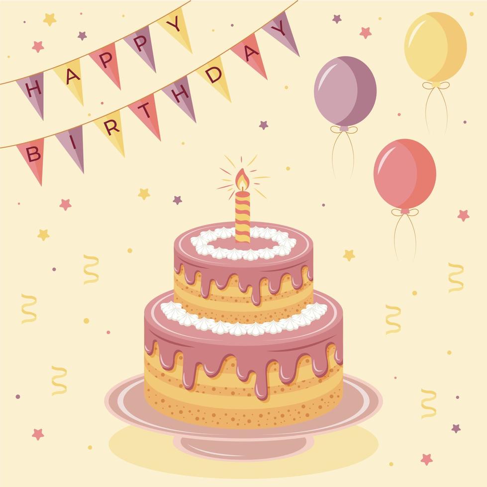 tarjeta de felicitación de feliz cumpleaños e invitación de fiesta con pastel, banderas y globos en estilo dibujado a mano. ilustración vectorial vector