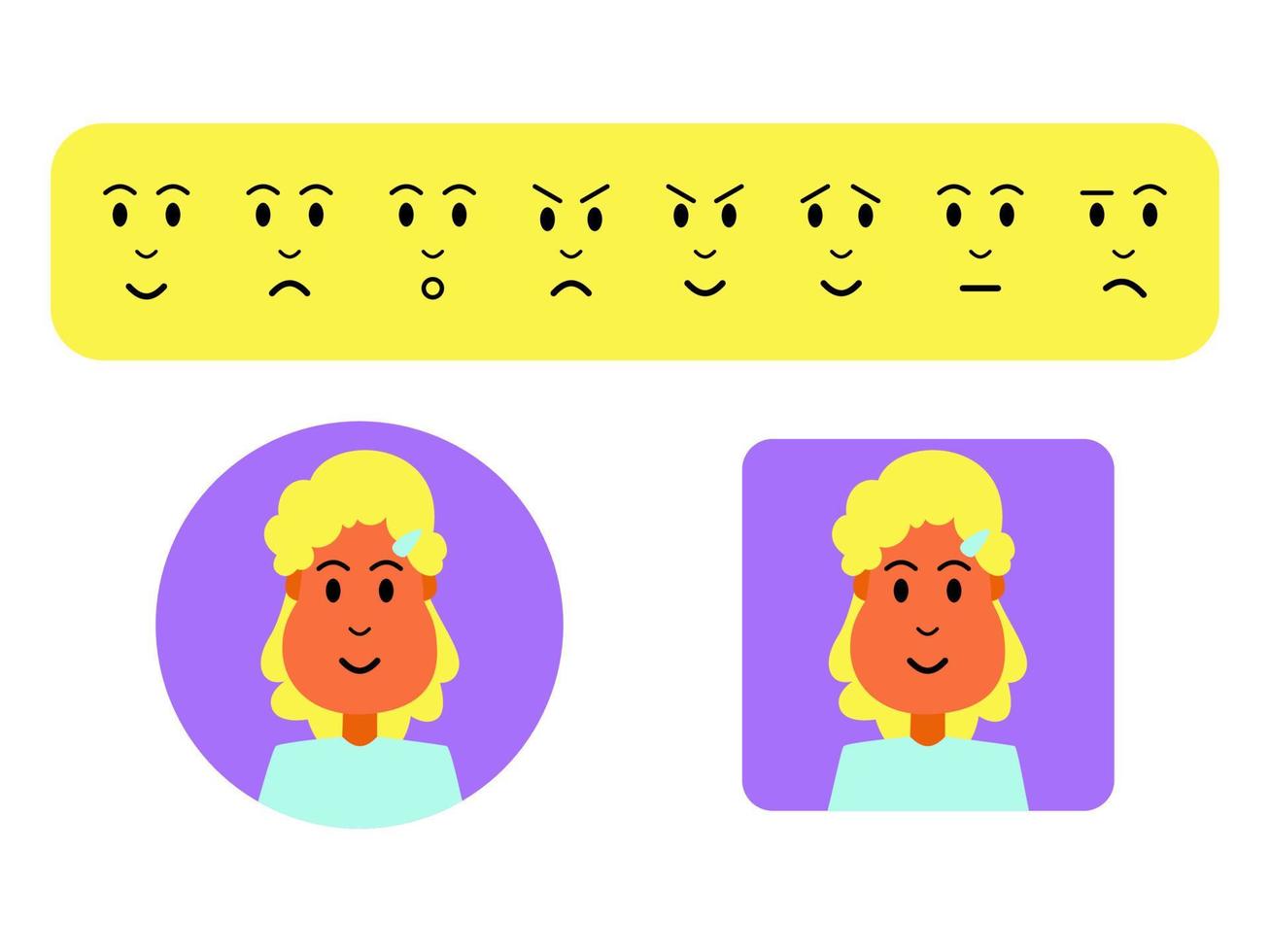 Customizable cute avatar or profile picture template with face expressions. Girl or woman with curly blonde hair. Suitable for your web and mobile application design vector