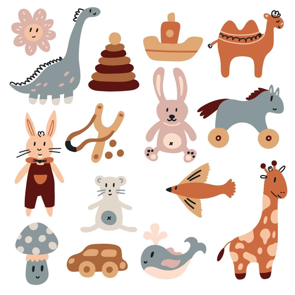 Cute boho baby toys collection. Nursery play flat boho vector isolated
