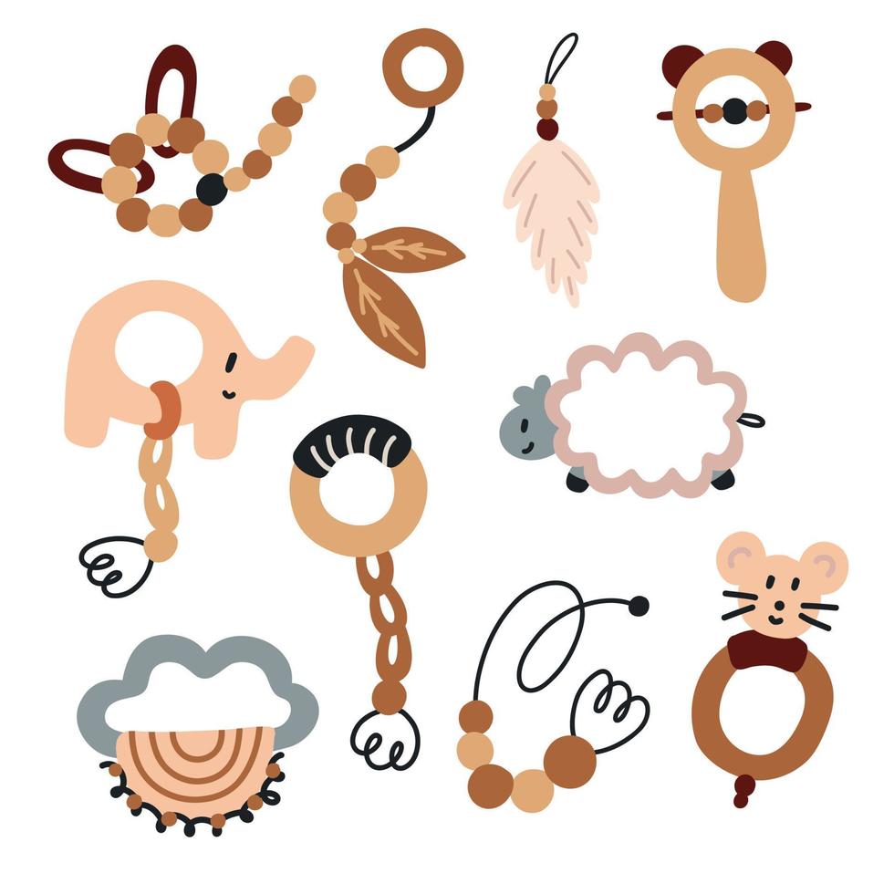 Collection of cute baby wooden toys rattles. Flat boho vector isolated element