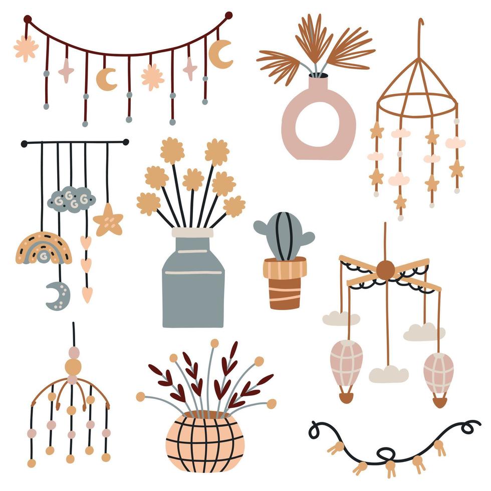 Collection baby mobile and vase nursery decor. Flat boho vector isolated element