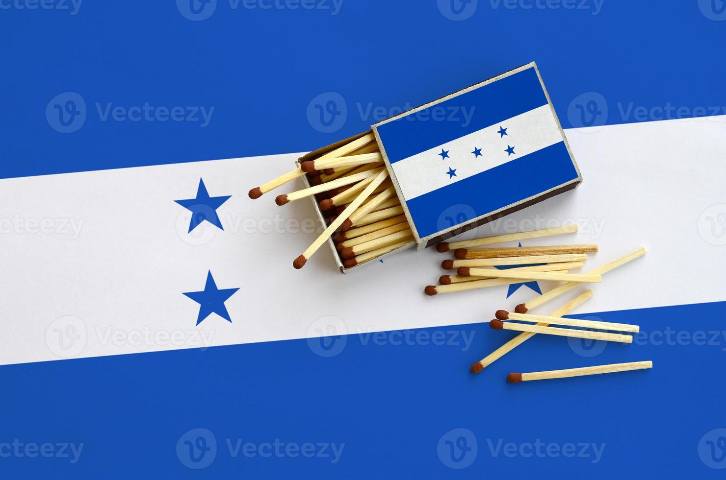 Honduras flag is shown on an open matchbox, from which several matches fall and lies on a large flag photo