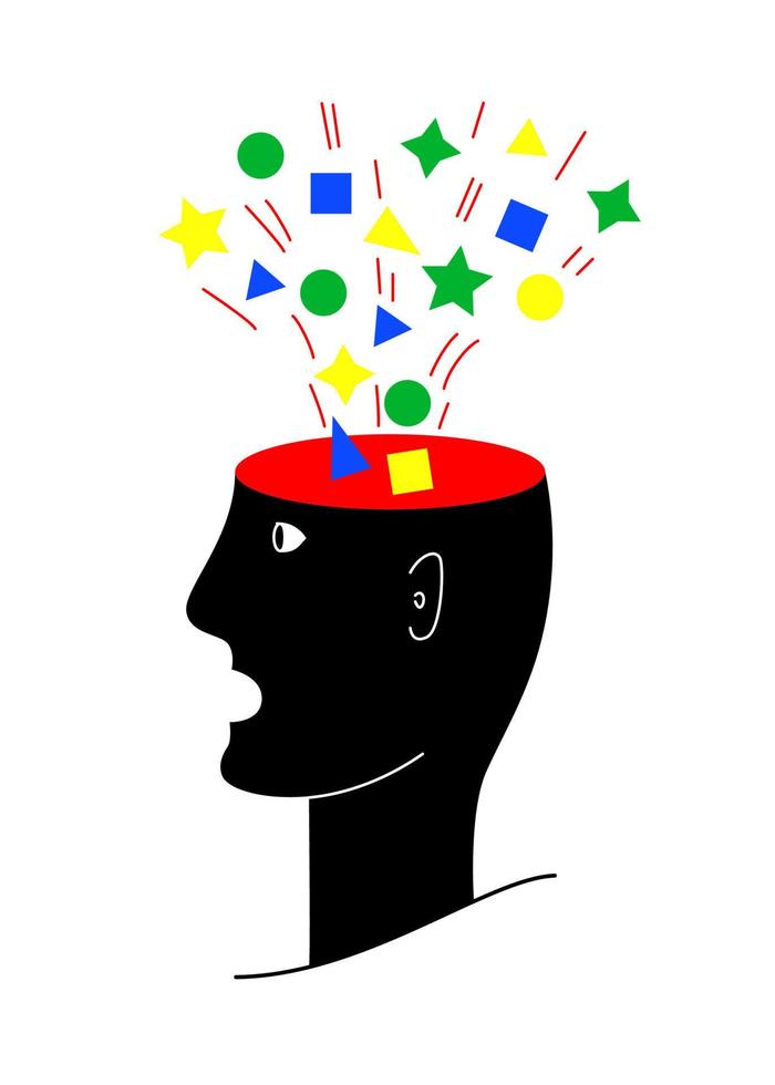 Image of a man's head with an open skull from which various geometric shapes appear. Vector illustration