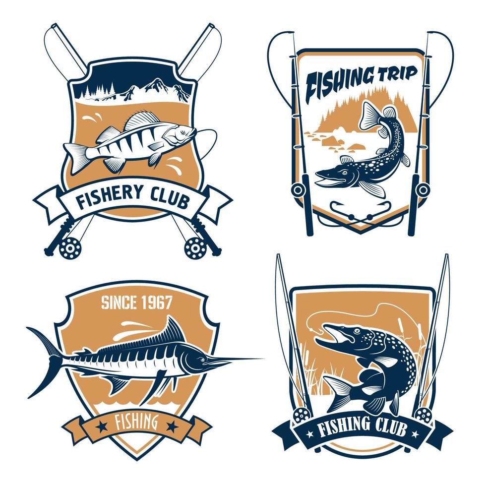 conjunto de iconos de vector de viaje de pesca y club de pescadores