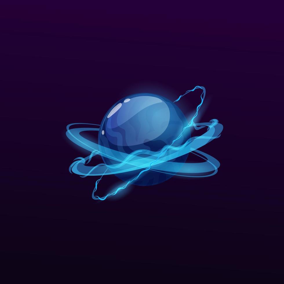 planeta espacial brillante azul con anillos de relámpagos vector