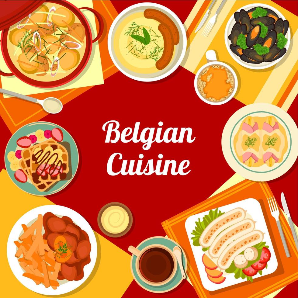portada del menú de cocina belga, comidas de restaurante vector