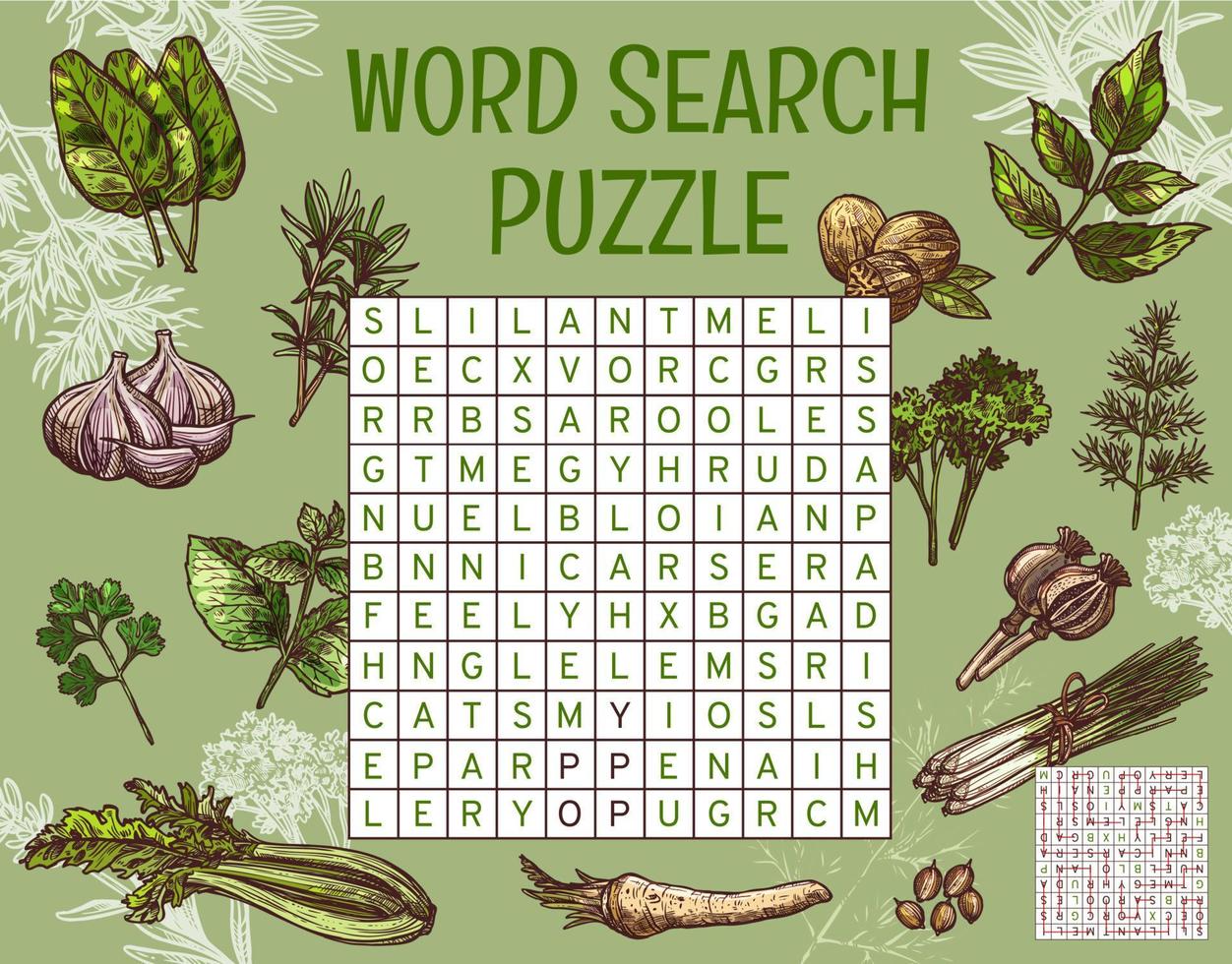 Herbs, spices and seasonings word search puzzle vector