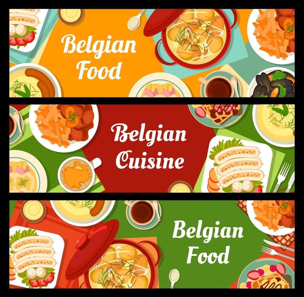 Belgian cuisine banners, Belgium food dishes meals vector