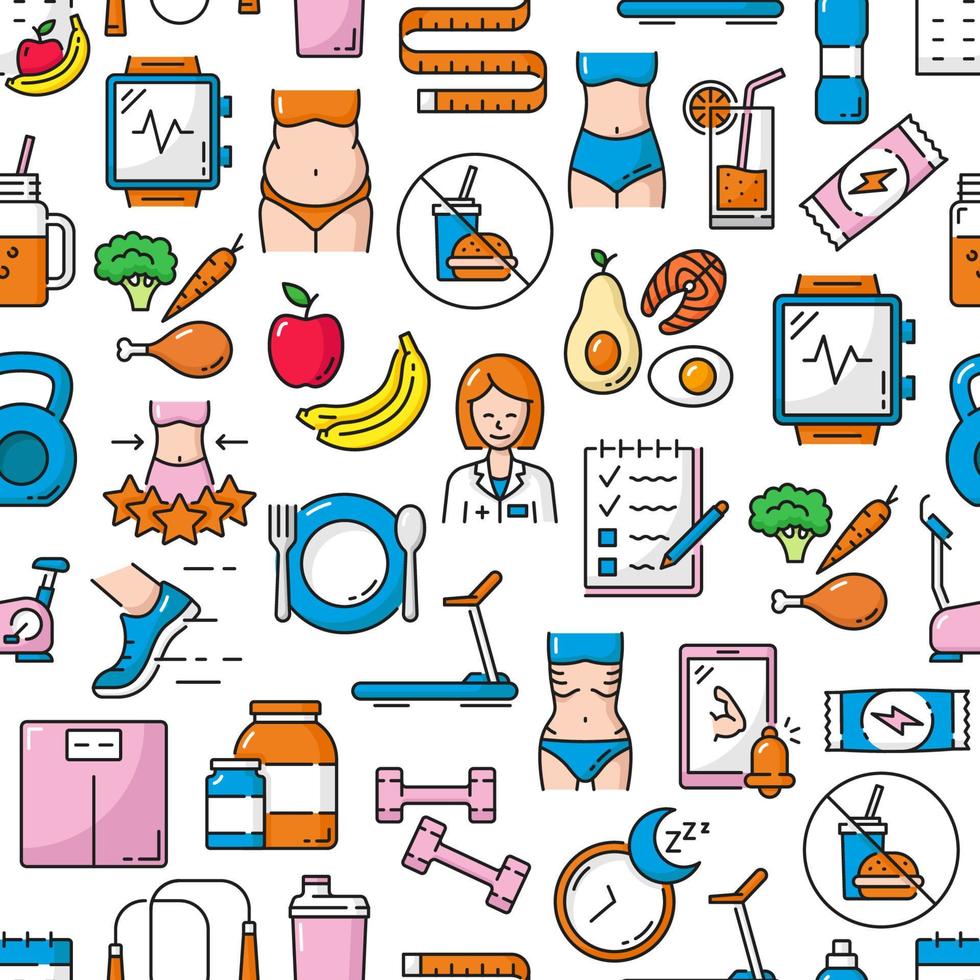 Diet nutrition, healthy food, fitness pattern vector
