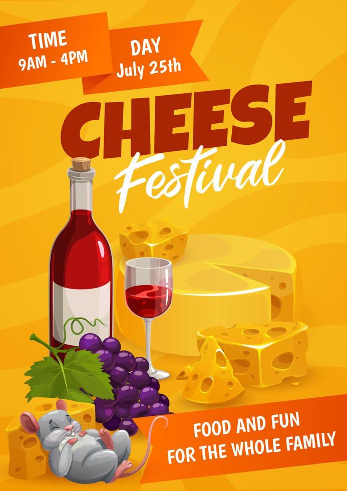 folleto del festival del queso con vino, uvas y ratón vector