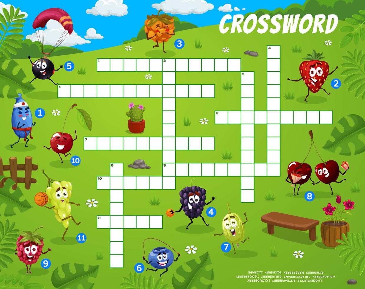 Crossword, find word quiz with berry characters vector