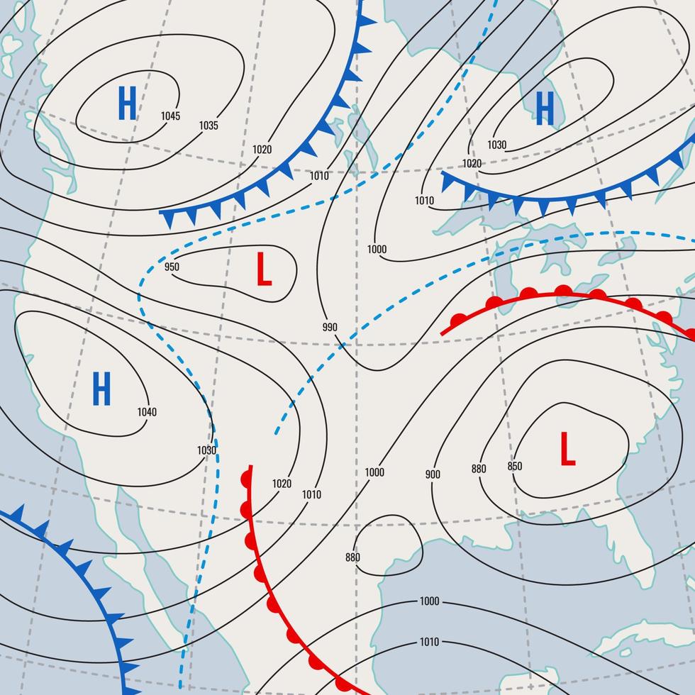 Weather forecast, meteorology isobar USA map vector