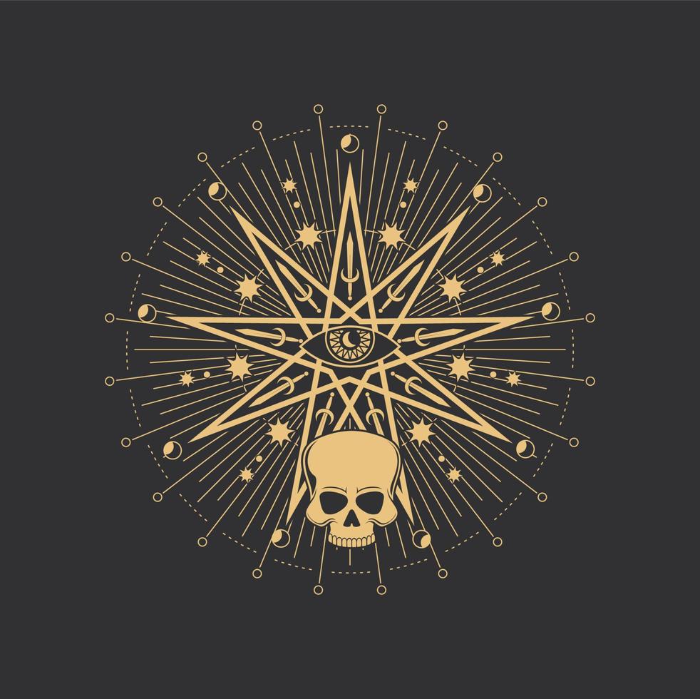 Pentagram, magic esoteric star, occult skull, eye vector