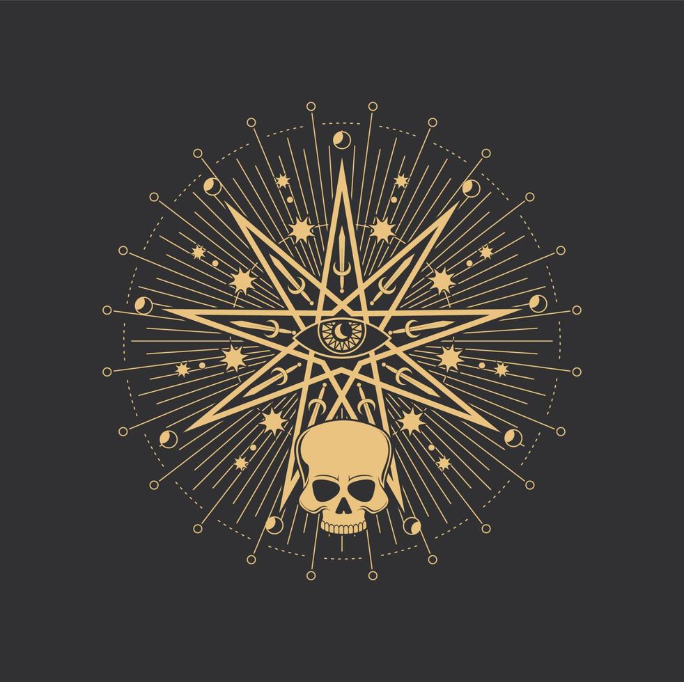 Pentagram, magic esoteric star, occult skull, eye vector
