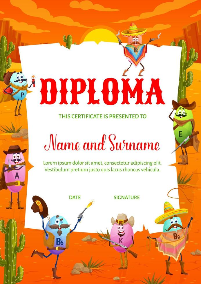 Kids diploma, Wild West vitamin cowboy characters vector