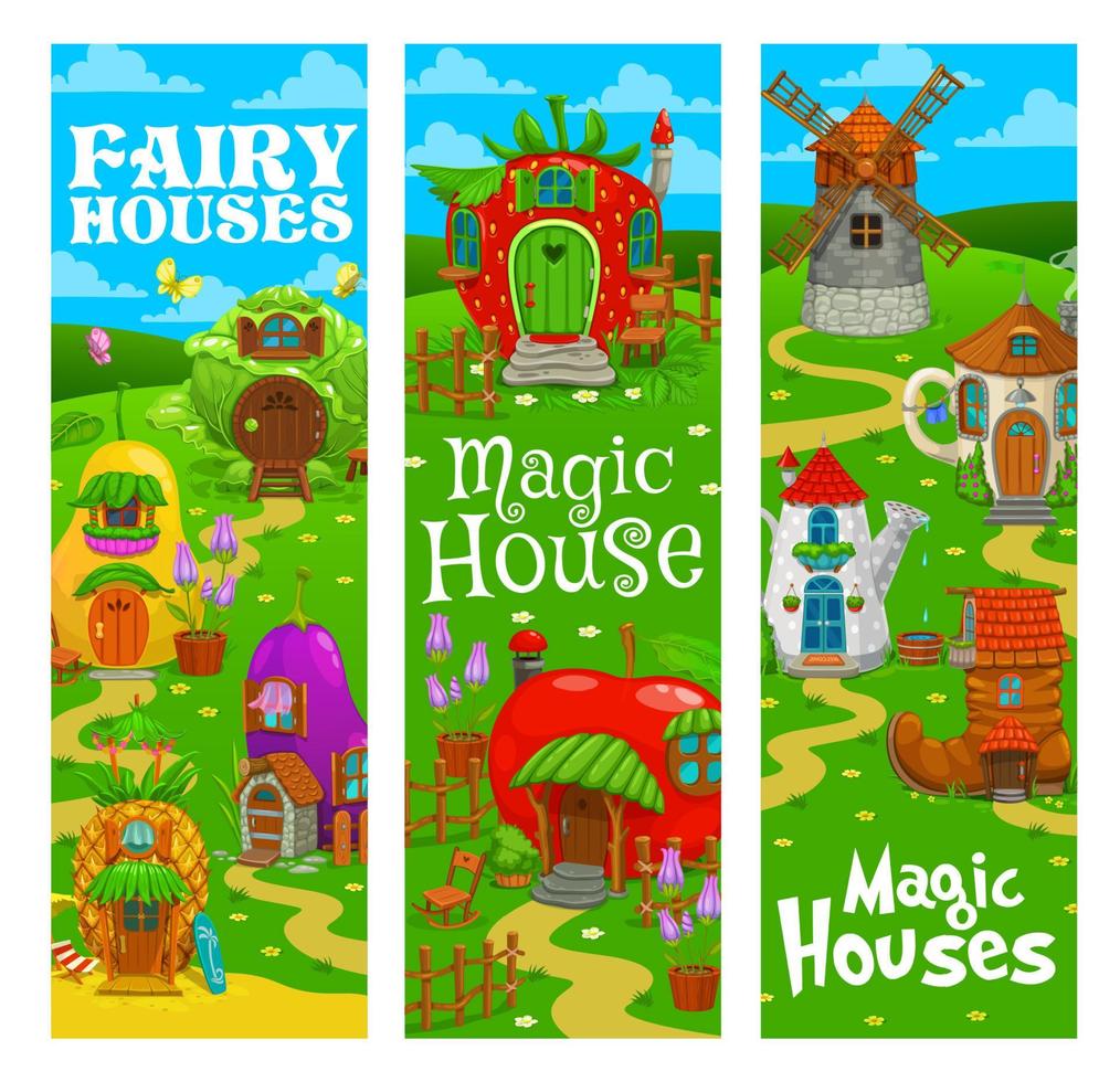 Fairytale magic houses and dwellings, banners vector