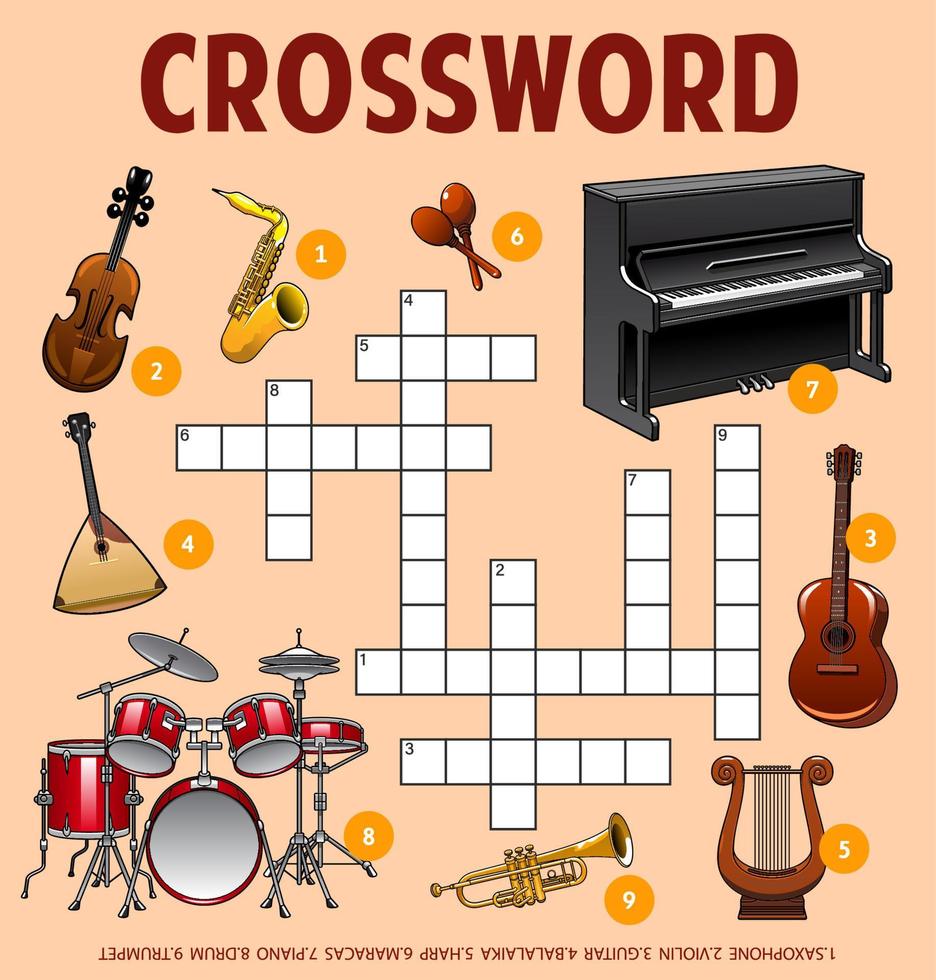 Musical instruments crossword puzzle worksheet vector