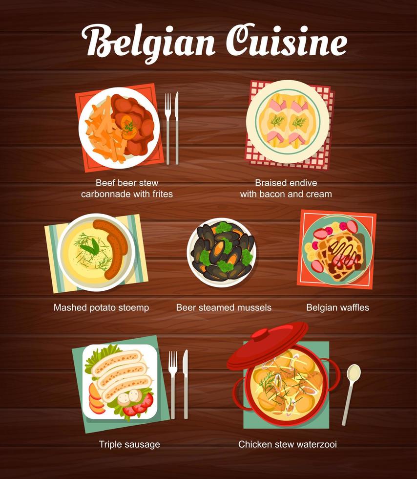 Belgian cuisine menu, food lunch and dinner meals vector