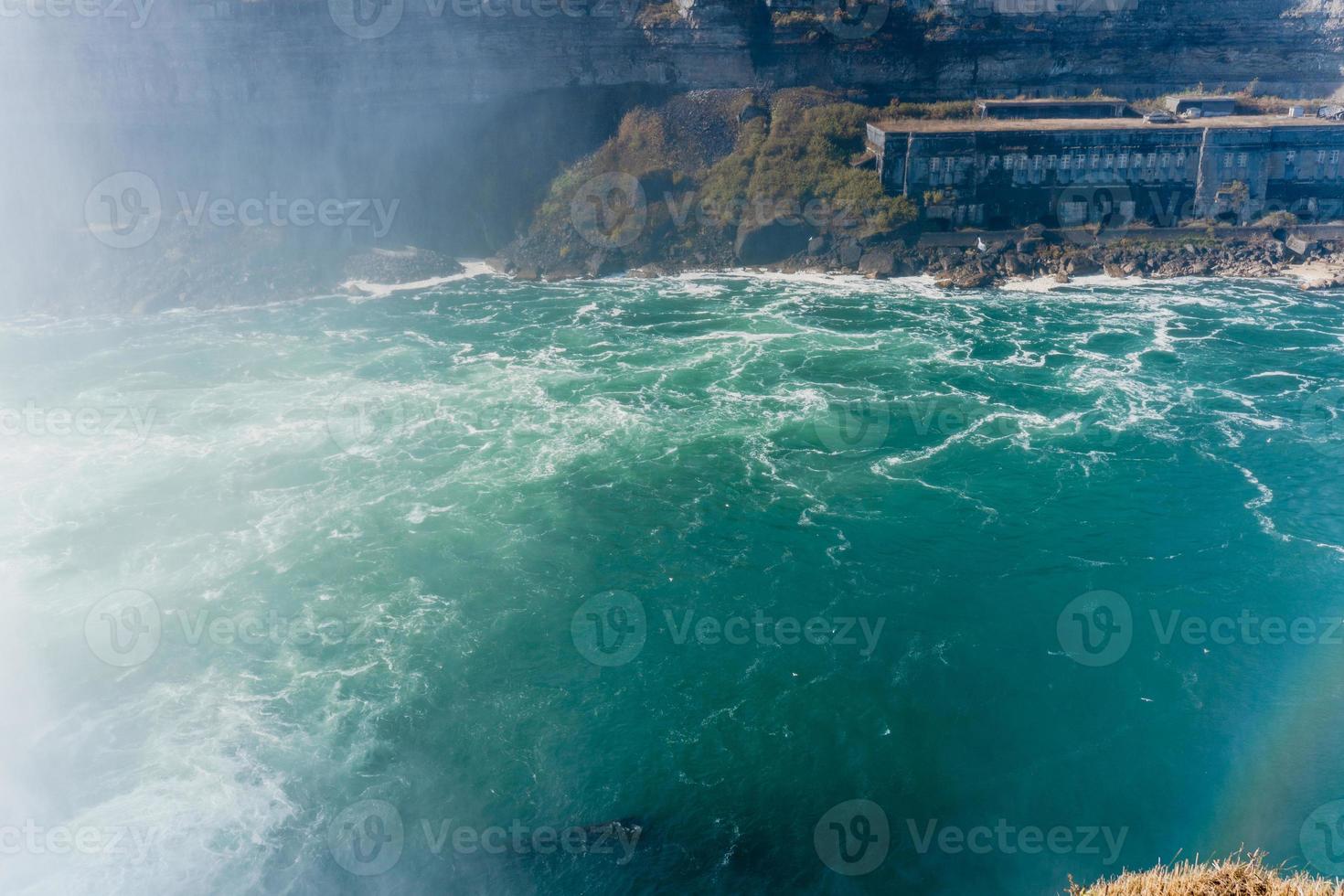 Niagara Falls from the American and Canadian sides. Rainbow over the waterfall. The most popular tourist place. Stormy river that flows into the lake. photo