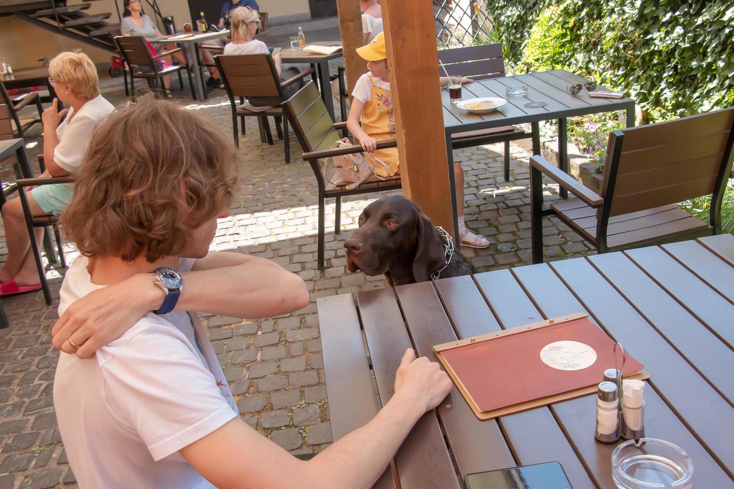Bojnice, Slovakia - 06.11.2022 A young man sits at a table in a cafe and looks at his dog with pleasure. photo