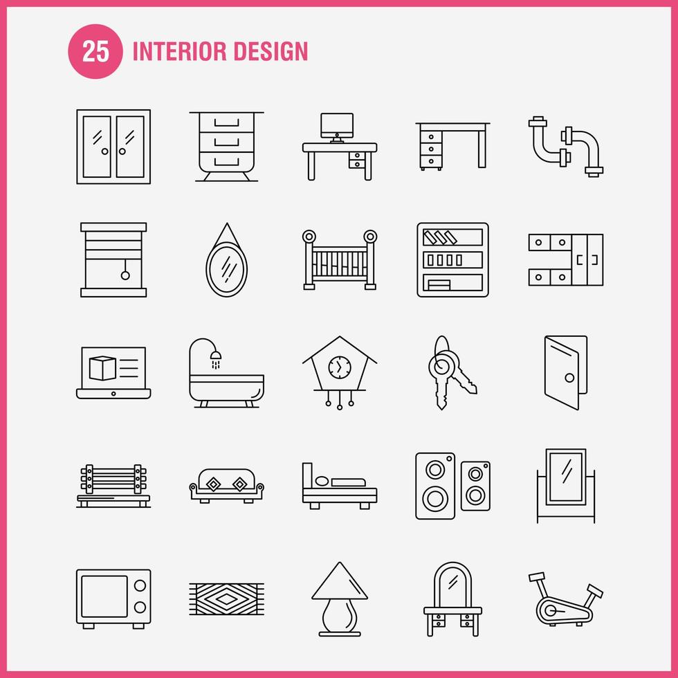 los iconos de la línea de diseño de interiores establecidos para el kit de uxui móvil infográfico y el diseño de impresión incluyen muebles de alfombra ventana del hogar entrada de la puerta de la casa vector eps 10