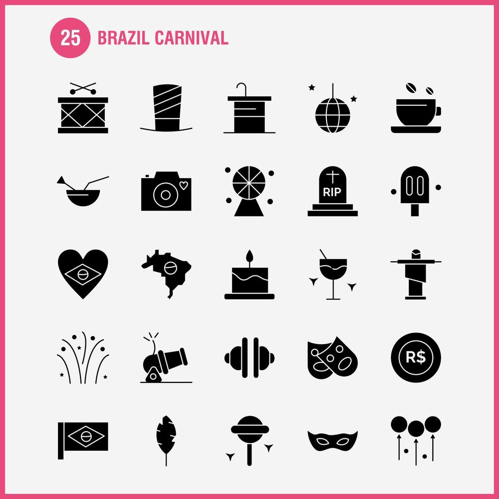 Brazil Carnival Solid Glyph Icon Pack For Designers And Developers Icons Of Tea Cup Coffee Tablet Currency Coin Money Cannon Vector