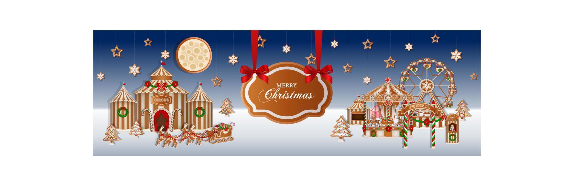 pancarta navideña con iglesia de pan de jengibre. fondo de navidad con galletas de jengibre y dulces vector