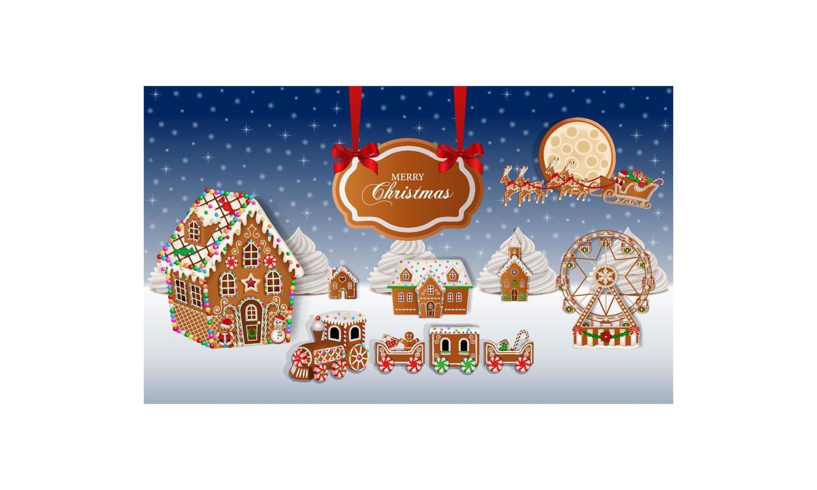 Christmas background with gingerbread landscape. christmas poster with gingerbread cookies vector