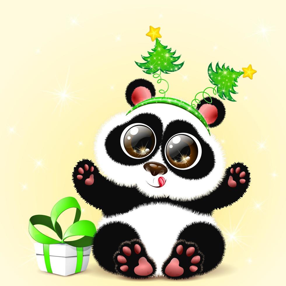Cute fluffy cartoon Christmas Panda with gift box and glowing funny headband from little Christmas trees vector