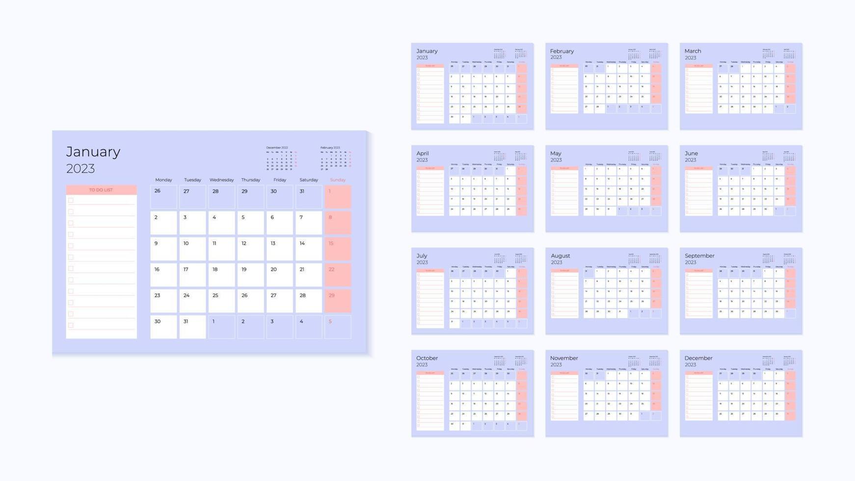 2023 year monthly calendar with  planner template vector