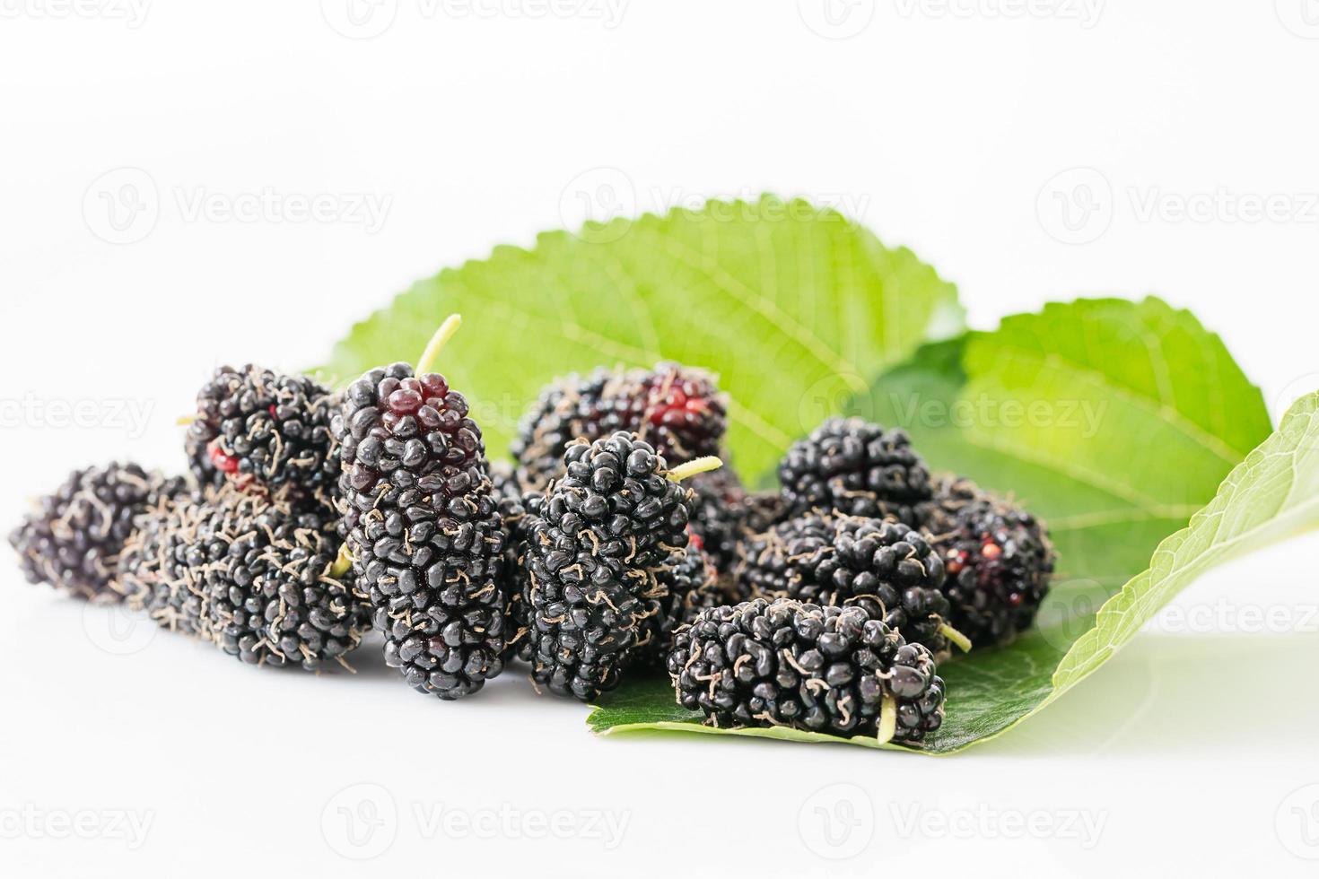 cerrar la fruta de morera con hoja verde foto