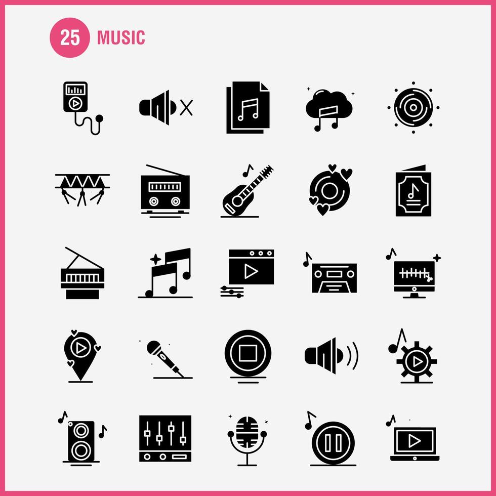 iconos de glifo sólido de música establecidos para infografías kit uxui móvil y diseño de impresión incluyen datos de archivo de reproducción de música configuración de reproducción de música conjunto de iconos de engranajes vector