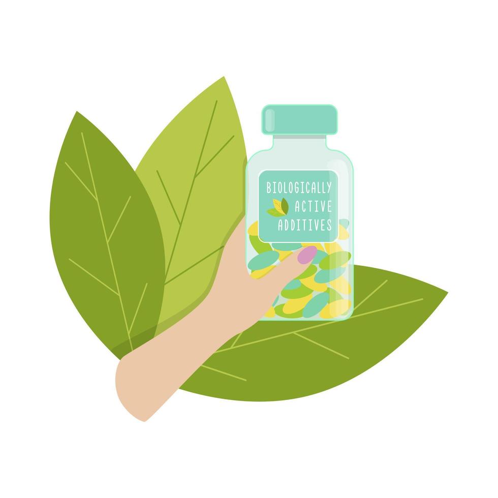 Biologically active additives female hand holds  bottle with dietary supplements, with green leaves. vector