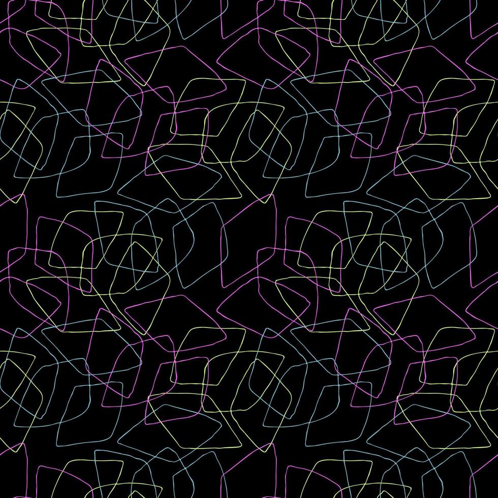 Abstract geometric pattern with doodle multicolored rhombuses on dark black background. vector